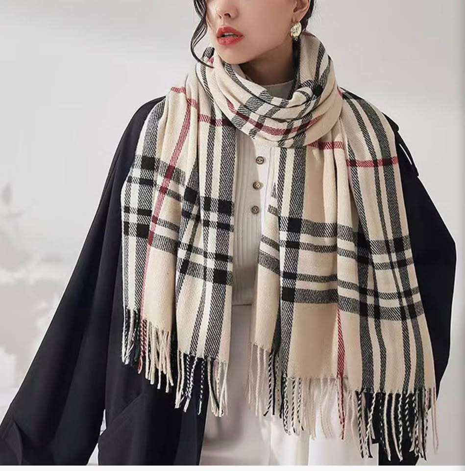 Classic Plaid Checkered Scarf with Fringe