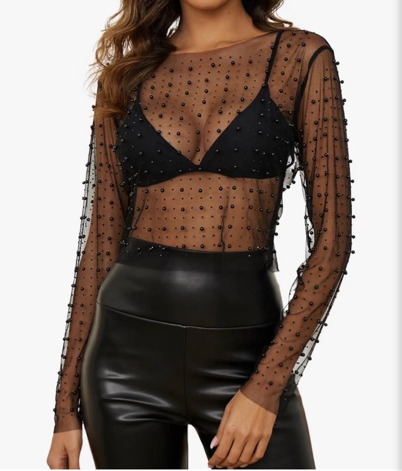 Black Sheer Mesh Pearl Embellished Long Sleeve Top