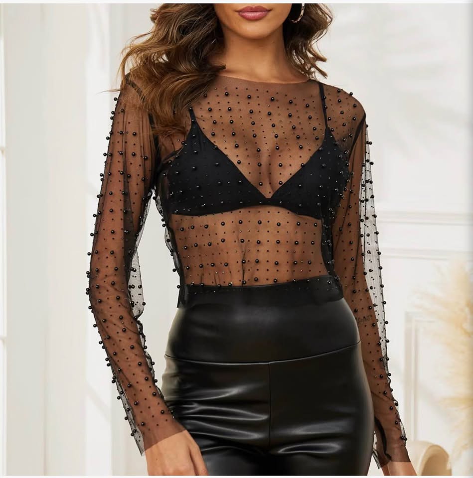Black Sheer Mesh Pearl Embellished Long Sleeve Top