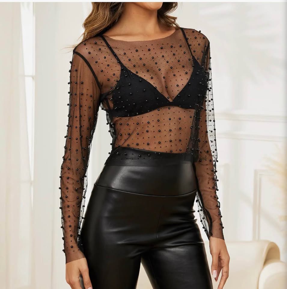 Black Sheer Mesh Pearl Embellished Long Sleeve Top