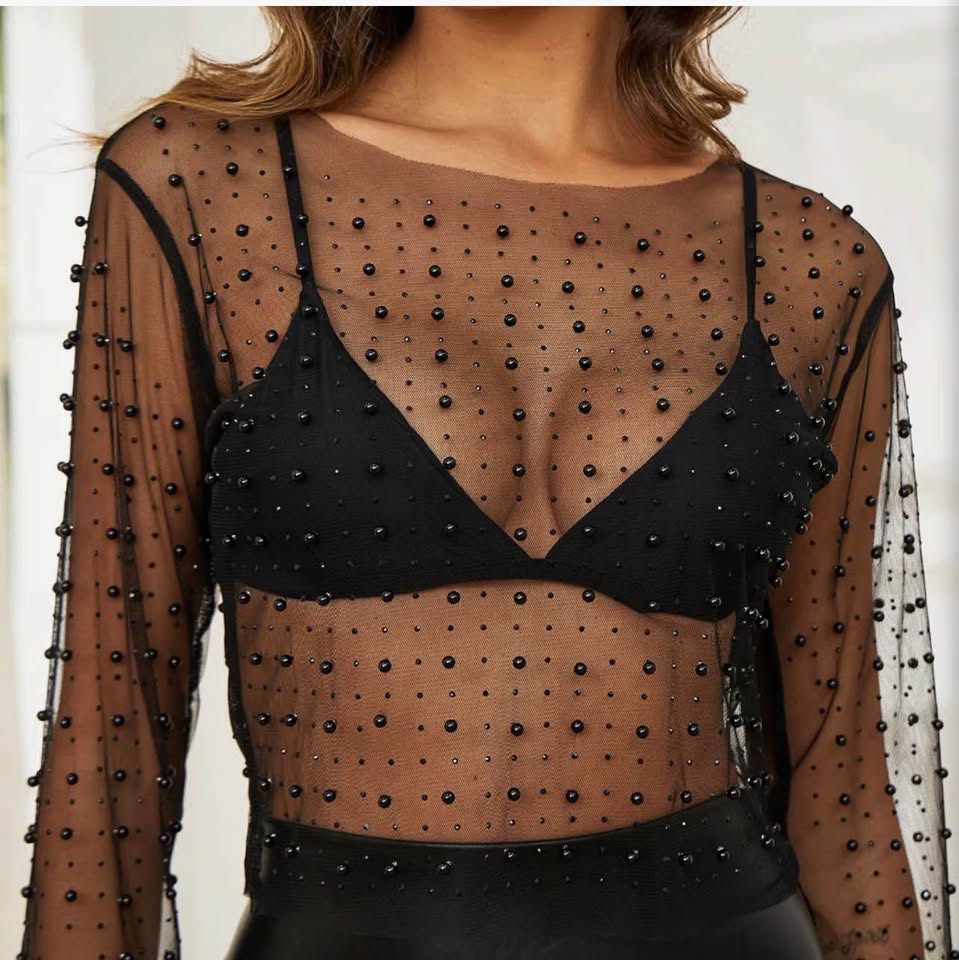 Black Sheer Mesh Pearl Embellished Long Sleeve Top