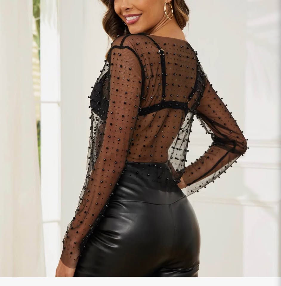 Black Sheer Mesh Pearl Embellished Long Sleeve Top