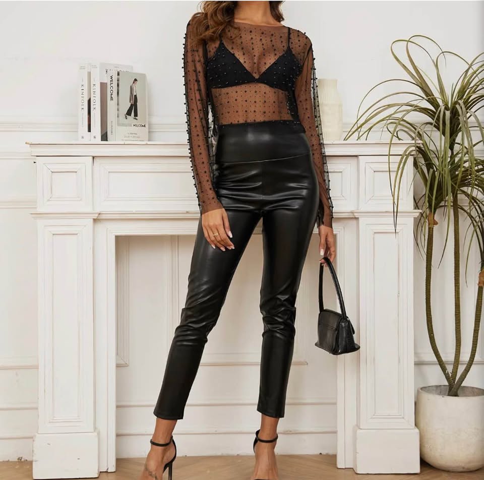 Black Sheer Mesh Pearl Embellished Long Sleeve Top