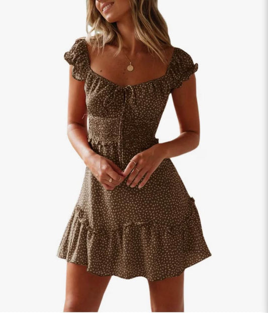 Women's Summer Ruffle Sleeve Sweetheart Neckline Printing Dress Mini Dress，khaki