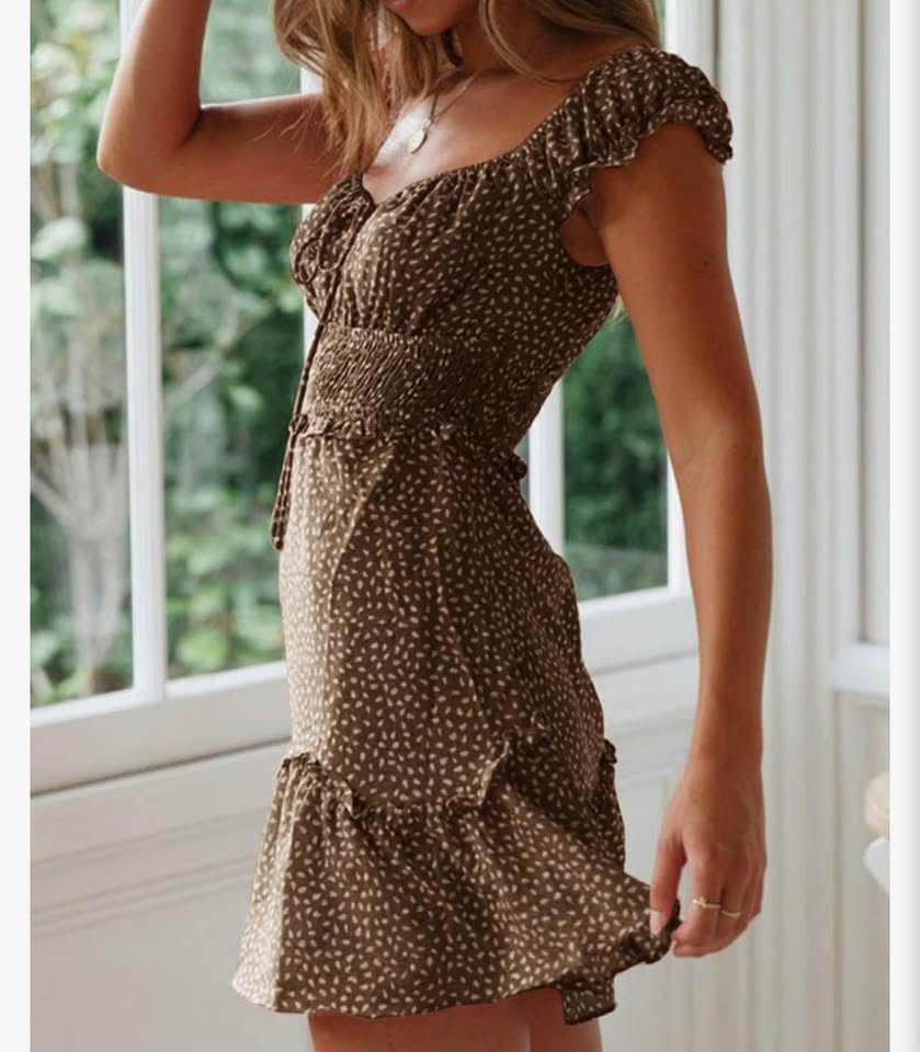 Women's Summer Ruffle Sleeve Sweetheart Neckline Printing Dress Mini Dress，khaki