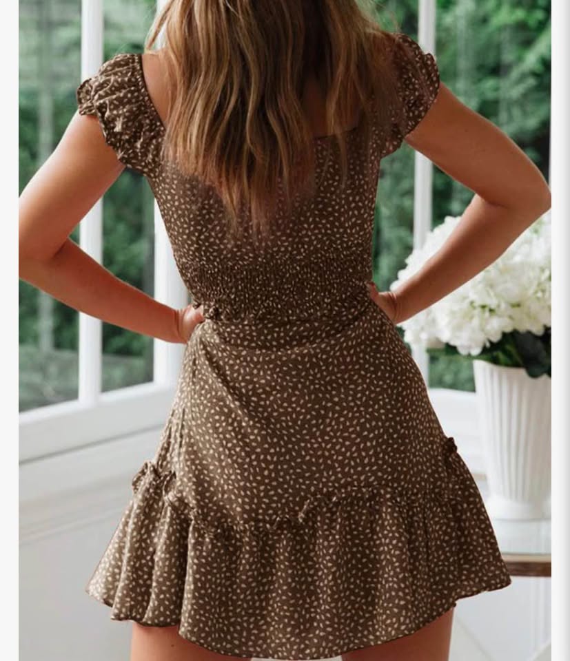 Women's Summer Ruffle Sleeve Sweetheart Neckline Printing Dress Mini Dress，khaki