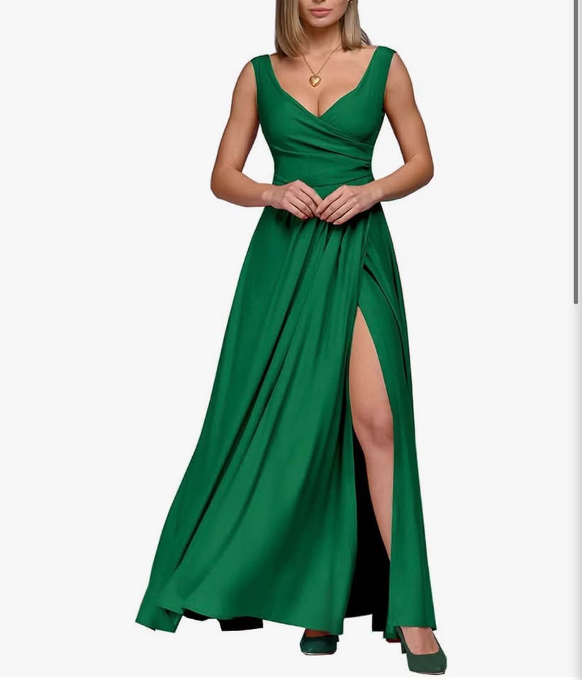 Women's Sleeveless V Neck Slit Hem Solid Formal Evening Midi Cocktail Long Dress
