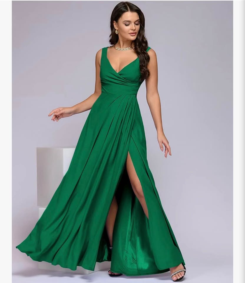 Women's Sleeveless V Neck Slit Hem Solid Formal Evening Midi Cocktail Long Dress