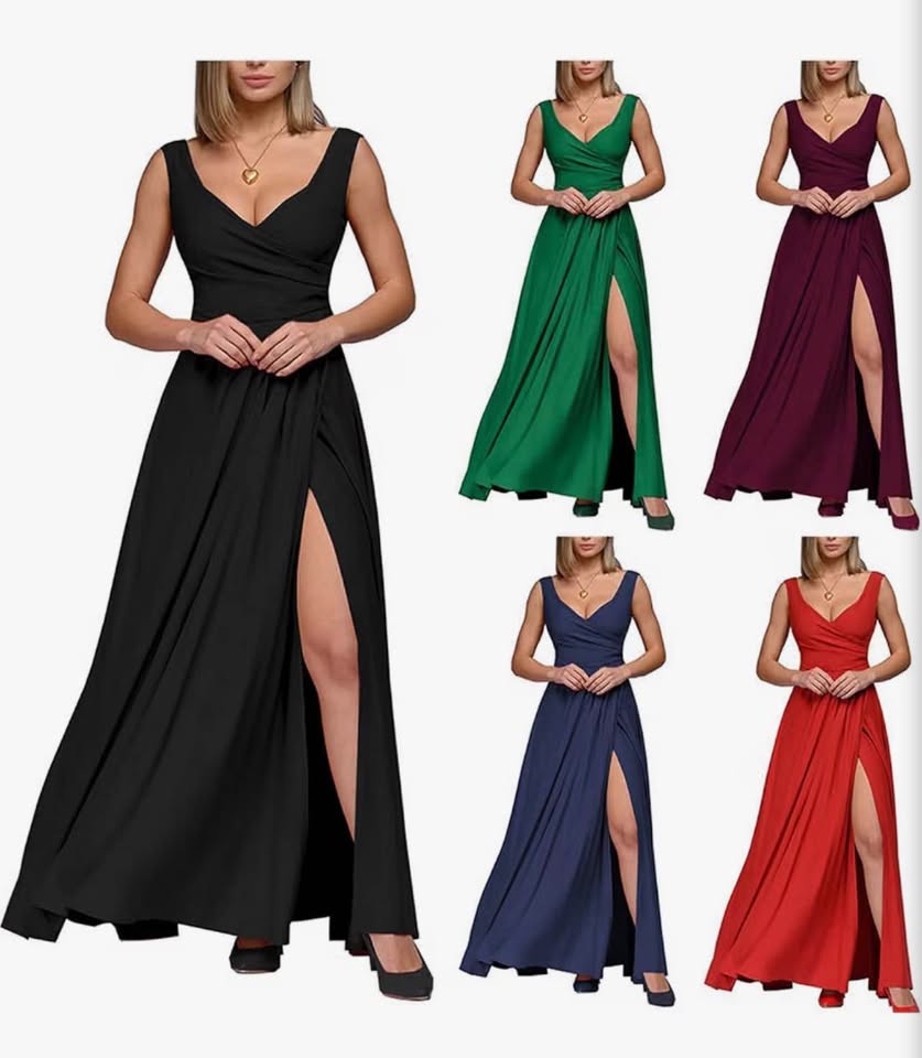 Women's Sleeveless V Neck Slit Hem Solid Formal Evening Midi Cocktail Long Dress