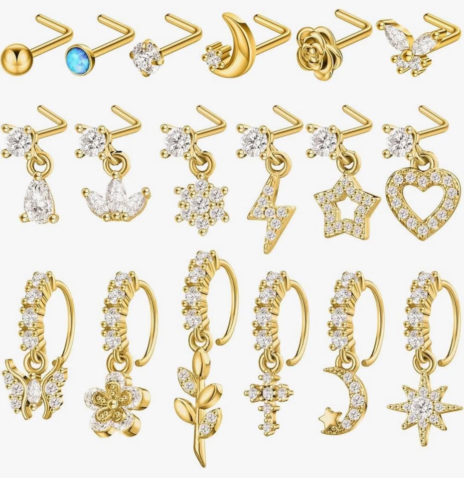 18 Pcs Dangle Nose Ring L Shaped Dangling Nose Stud Cute Star Heart 20g Stainles