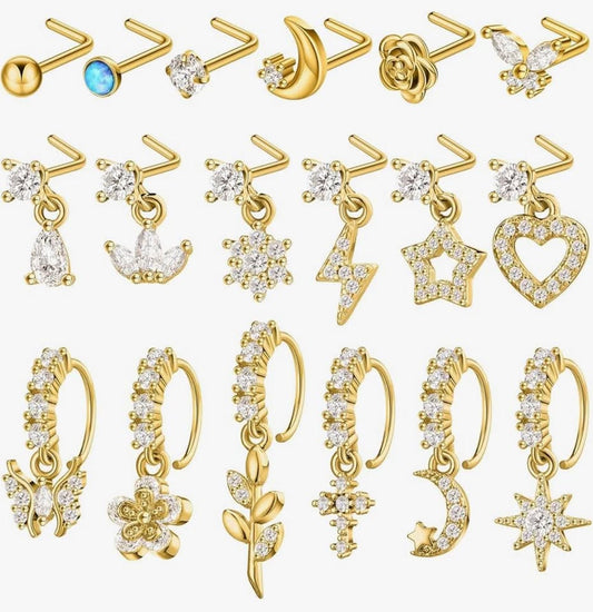 18 Pcs Dangle Nose Ring L Shaped Dangling Nose Stud Cute Star Heart 20g Stainles