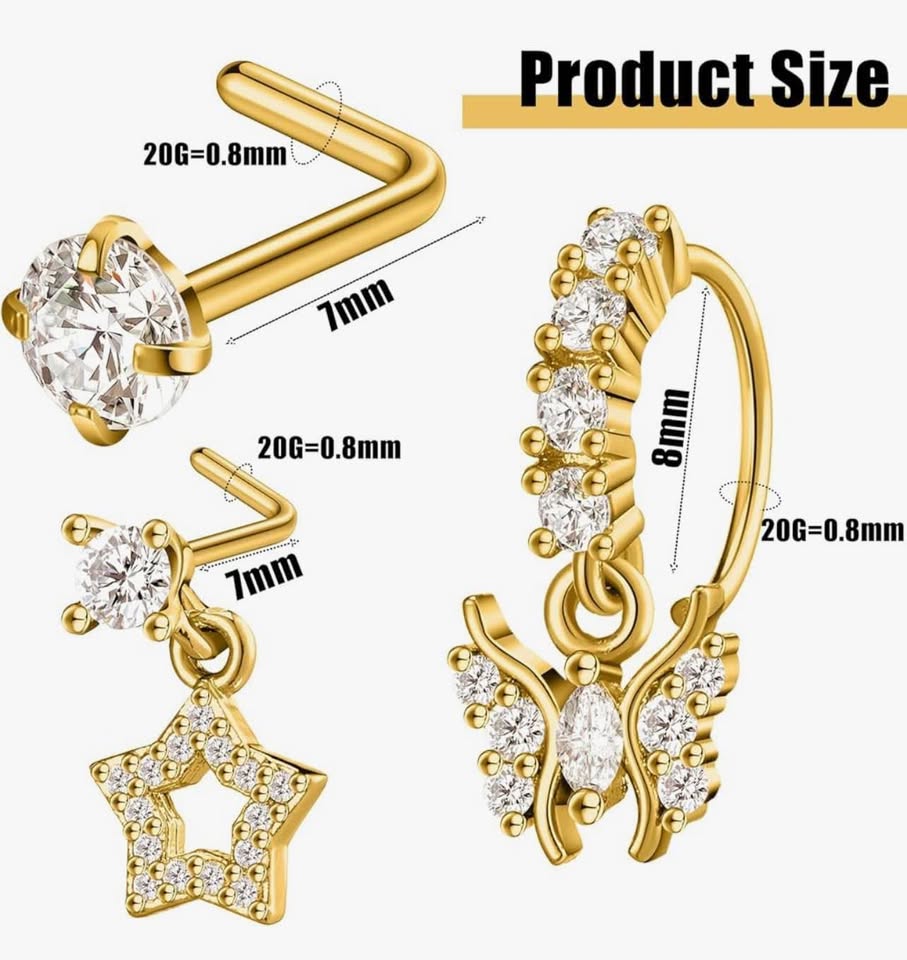 18 Pcs Dangle Nose Ring L Shaped Dangling Nose Stud Cute Star Heart 20g Stainles