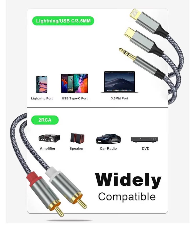 Lightning to RCA Cable Audio Aux Adapter,RCA to 3.5mm Cable，USB C to 2 RCA Audio