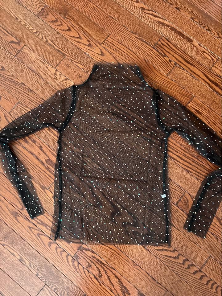 women glitter sequin mesh sheer tops see through shirts long sleeve turtleneck m