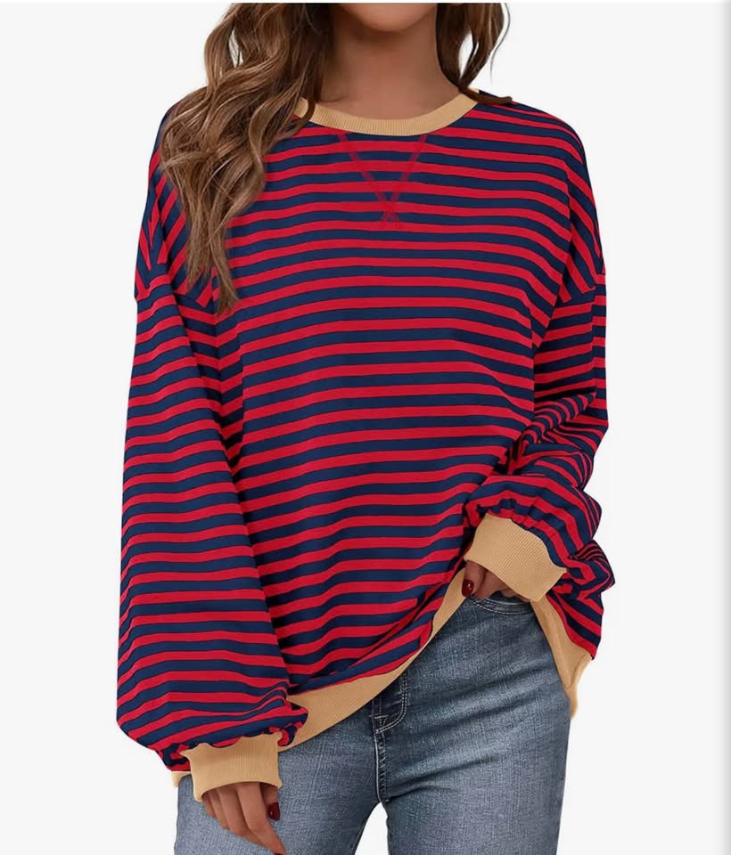 Red and Navy Blue Striped Oversized Sweatshirt L