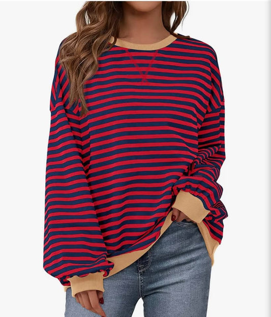 Red and Navy Blue Striped Oversized Sweatshirt L