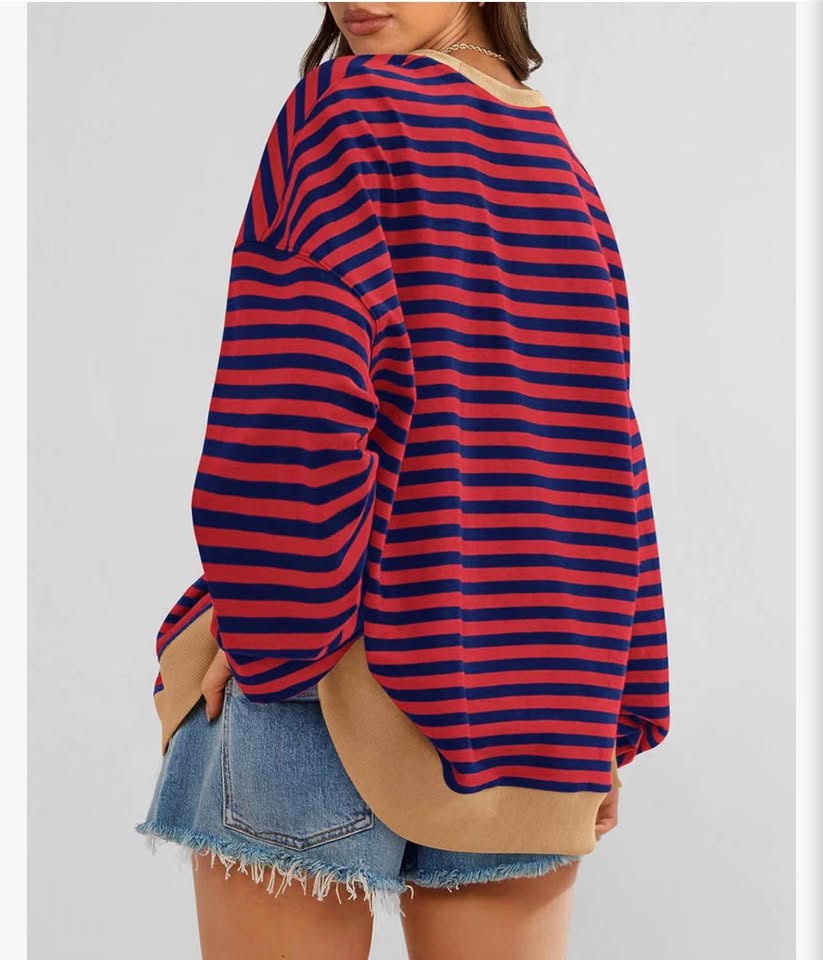 Red and Navy Blue Striped Oversized Sweatshirt L