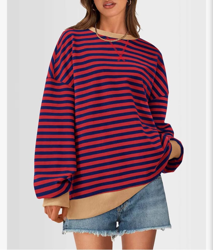 Red and Navy Blue Striped Oversized Sweatshirt L