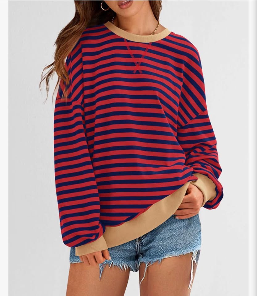 Red and Navy Blue Striped Oversized Sweatshirt L