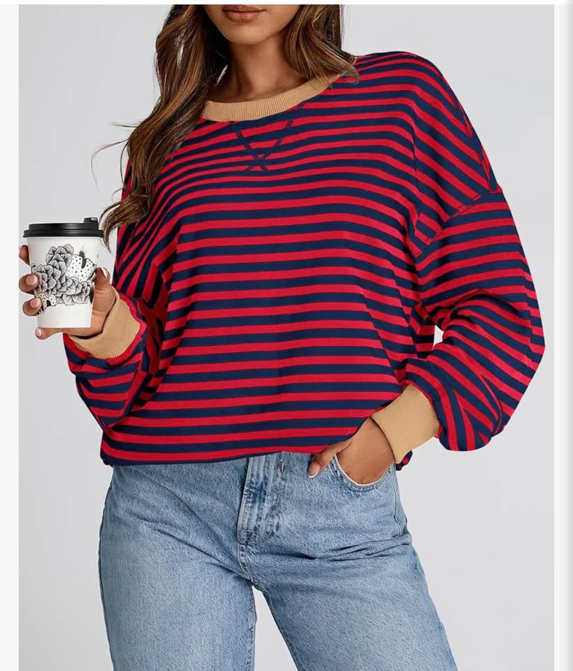 Red and Navy Blue Striped Oversized Sweatshirt L