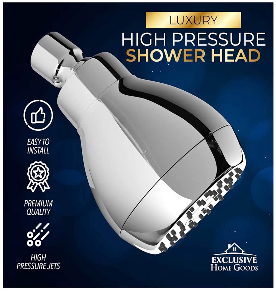 High Pressure Shower Head - Chrome - Powerful Deluxe Bathroom Showerhead with St
