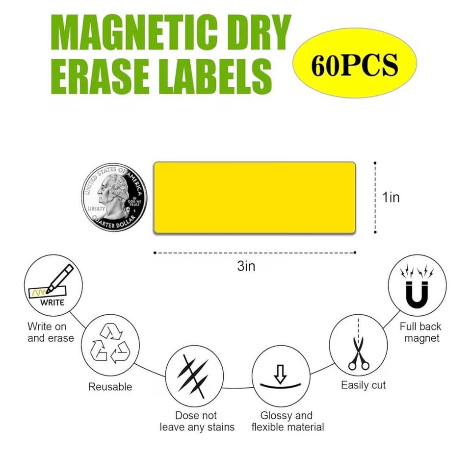 Dry Erase Magnetic Labels (1x3",Pack of 60),Write On Magnets Sticker,Real Waterp