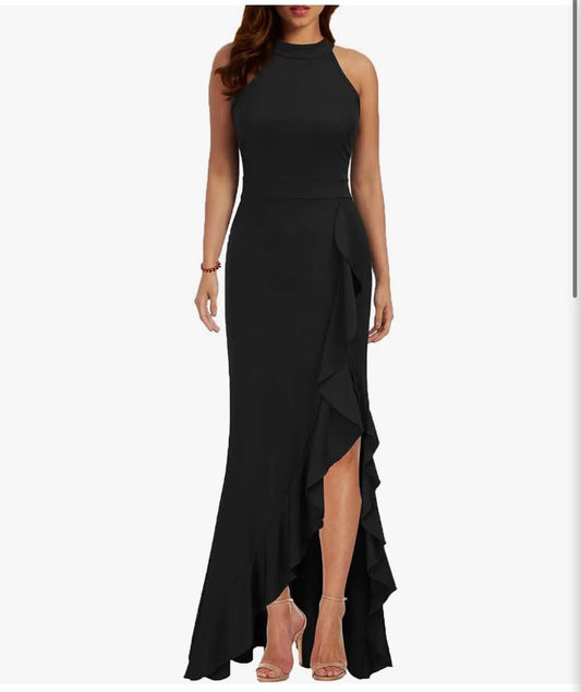 Black Halter Neck Ruffle High-Low Maxi Dress- XXL