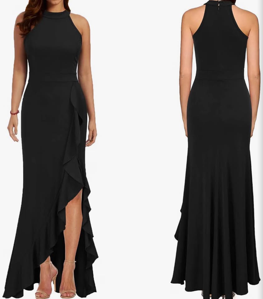 Black Halter Neck Ruffle High-Low Maxi Dress- XXL