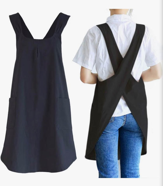 NEWGEM Japanese Cotton Linen Cross Back Cooking Apron for Women Men with Pockets