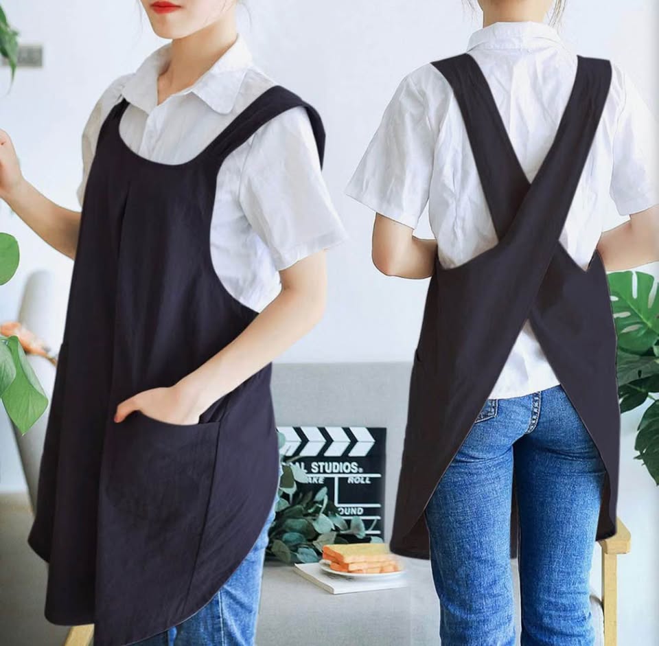 NEWGEM Japanese Cotton Linen Cross Back Cooking Apron for Women Men with Pockets