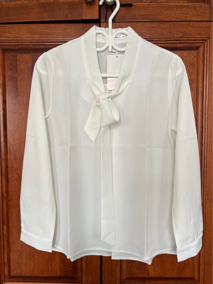 ACEVOG Bow Tie Neck Long Sleeve Blouse，White，L&XXL