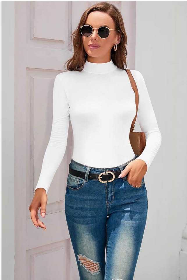 White Long Sleeve Mock Neck Bodysuit Medium