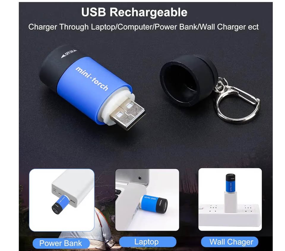 Mini Keychain Flashlight, 50 Lumen USB Rechargeable Small Pocket LED Torch Flash