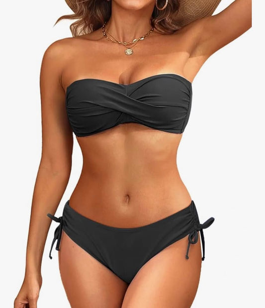 women's strapless bandeau bikini set- Twist front piece swimsuit top with side t