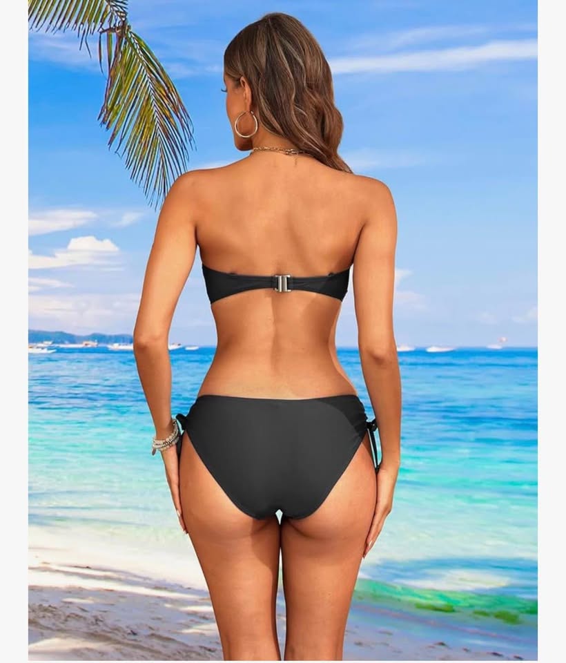 women's strapless bandeau bikini set- Twist front piece swimsuit top with side t