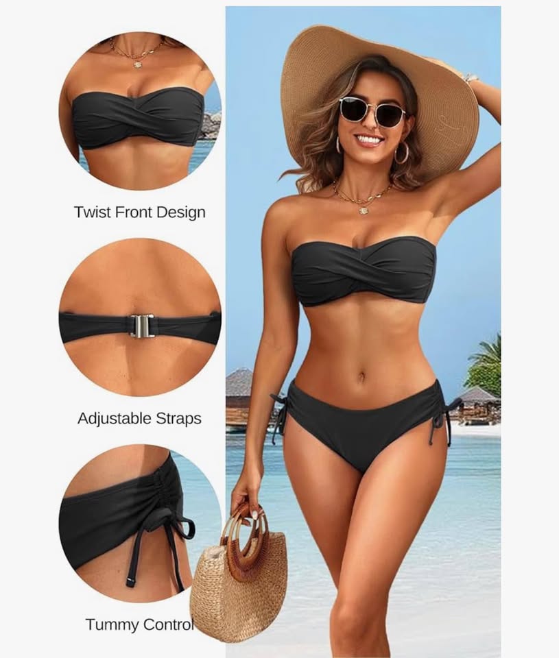 women's strapless bandeau bikini set- Twist front piece swimsuit top with side t