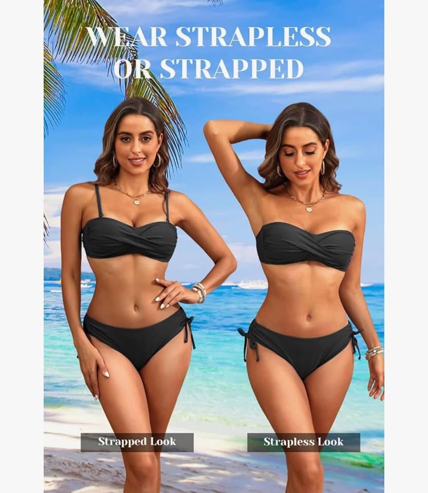 women's strapless bandeau bikini set- Twist front piece swimsuit top with side t