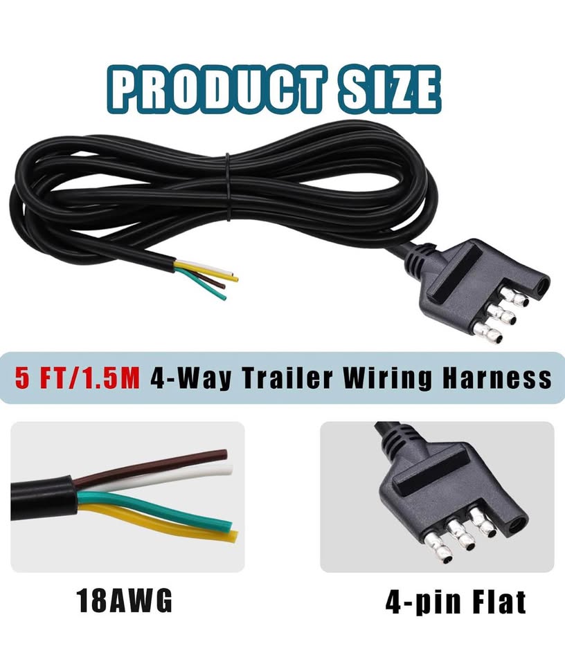 4-Way Trailer Wiring Harness 5 Ft (1.5m) 4-Pin Flat Wire Extension Connector, Pu