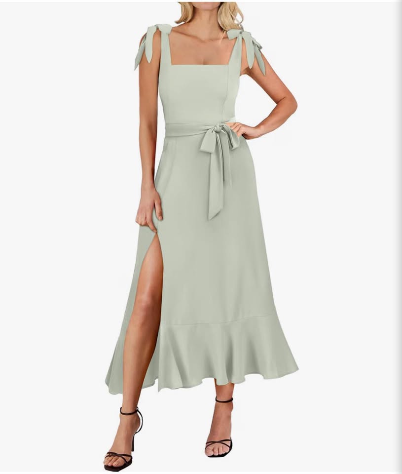 Women's Square Neck Ruffle Split Midi Elegant Formal Wedding Guest Cocktail  M&Ｘ