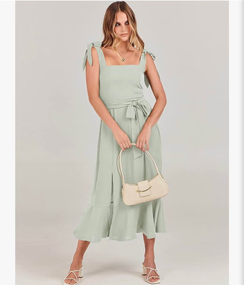 Women's Square Neck Ruffle Split Midi Elegant Formal Wedding Guest Cocktail  M&Ｘ