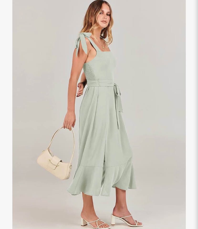 Women's Square Neck Ruffle Split Midi Elegant Formal Wedding Guest Cocktail  M&Ｘ