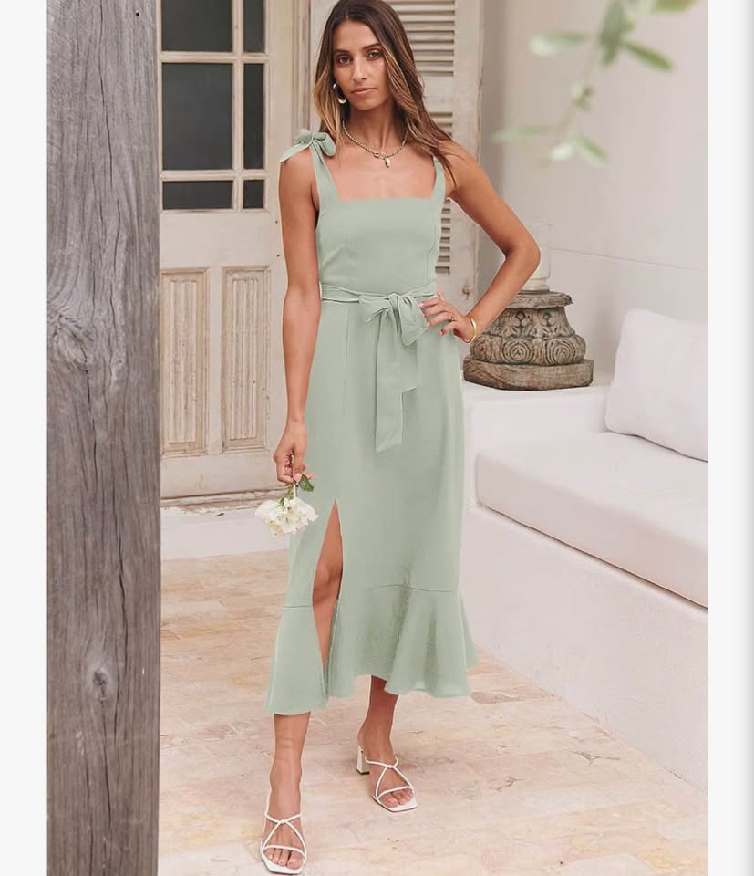 Women's Square Neck Ruffle Split Midi Elegant Formal Wedding Guest Cocktail  M&Ｘ