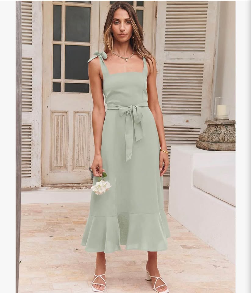 Women's Square Neck Ruffle Split Midi Elegant Formal Wedding Guest Cocktail  M&Ｘ