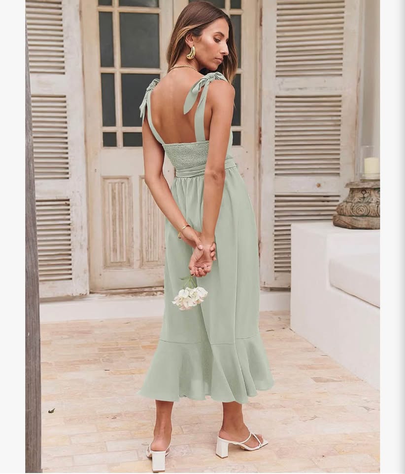 Women's Square Neck Ruffle Split Midi Elegant Formal Wedding Guest Cocktail  M&Ｘ