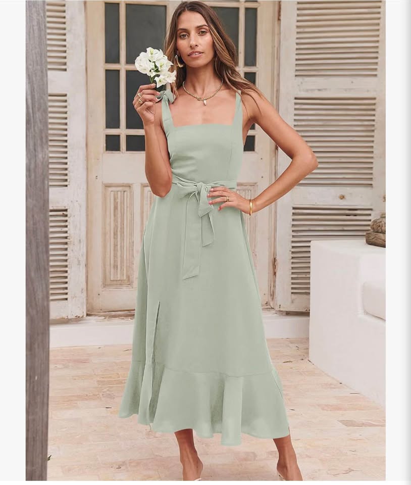 Women's Square Neck Ruffle Split Midi Elegant Formal Wedding Guest Cocktail  M&Ｘ