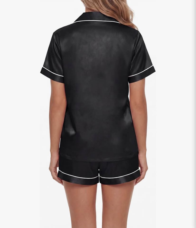 Women's Satin Pajamas Set Short Sleeve Button Shirt Silky Sleepwear with Shorts 