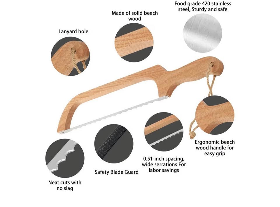 Bread Slicer for Homemade Bread,16" Wooden Bow Knife Serrated Slicer, Premium St