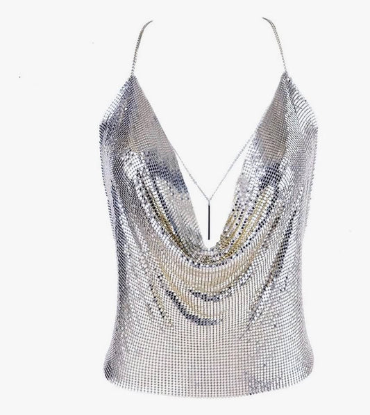 Gold Sexy Tops for Women Sparkly Deep V Neck Crop Tank Tops Cami Body Chain Top
