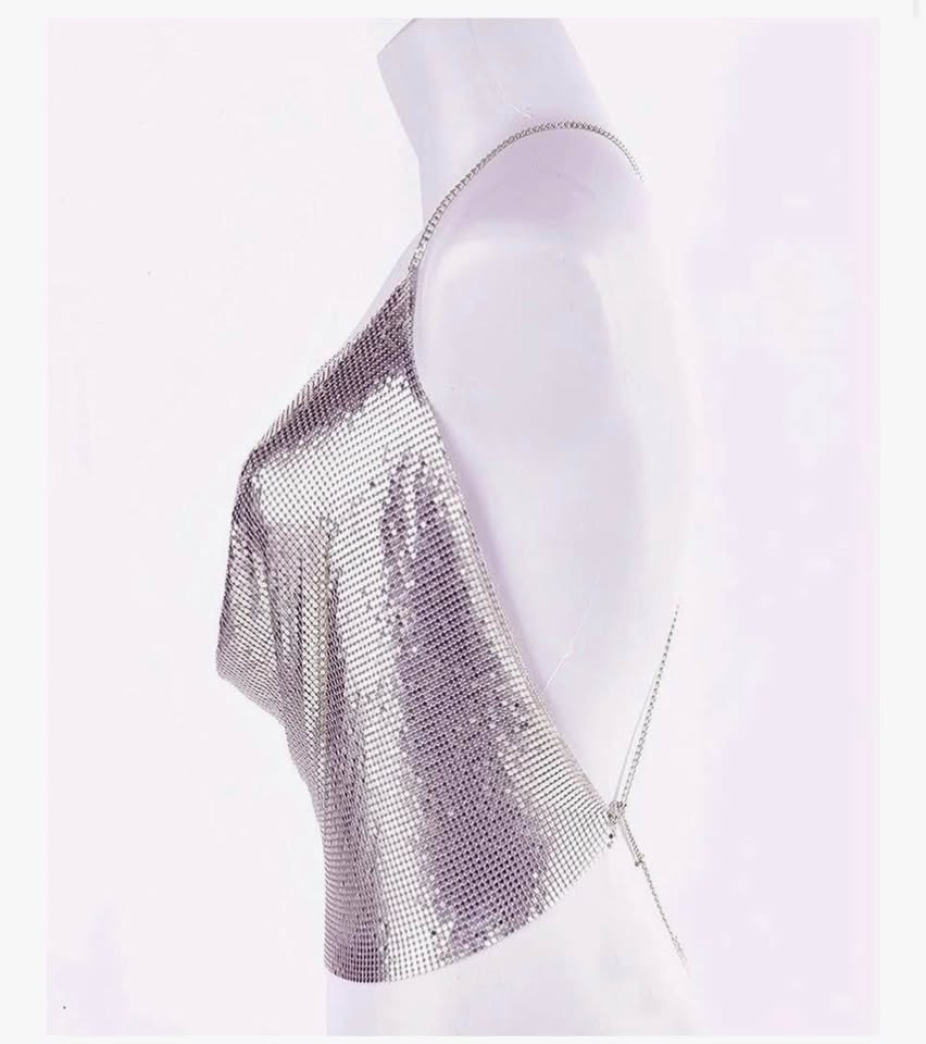 Gold Sexy Tops for Women Sparkly Deep V Neck Crop Tank Tops Cami Body Chain Top

