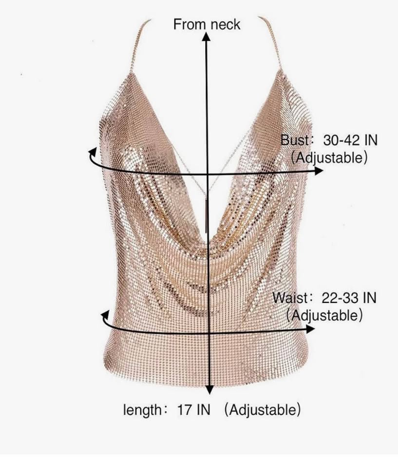 Gold Sexy Tops for Women Sparkly Deep V Neck Crop Tank Tops Cami Body Chain Top
